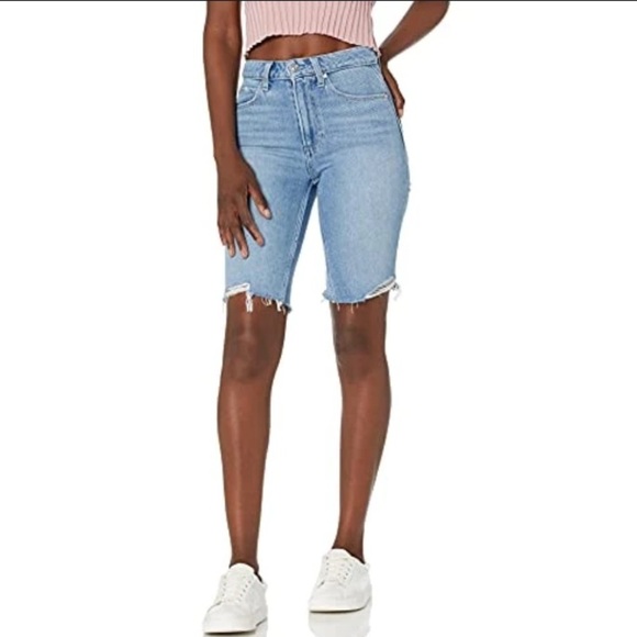 PAIGE Pants - PAIGE High Rise Distressed Denim Bermuda Shorts Light Wash Jorts Cutoff 31